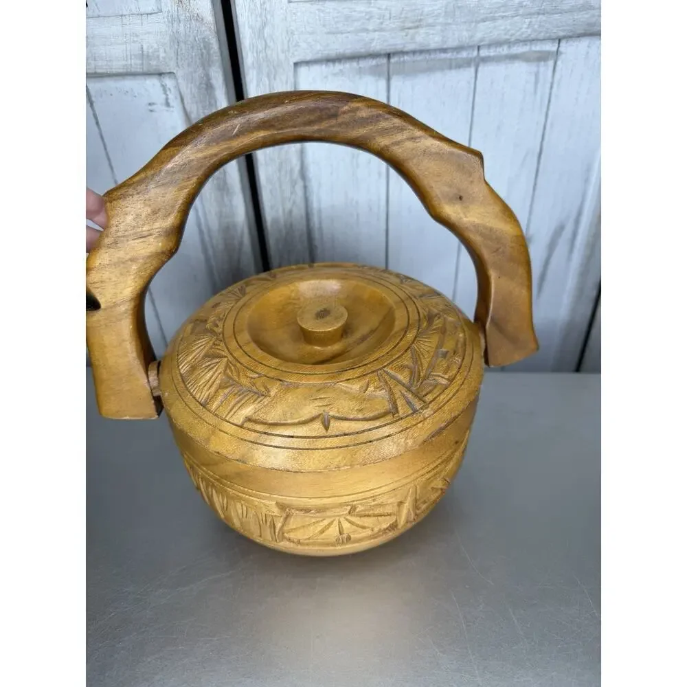 MCM Tiki Vintage Ice Bucket Wood Hand Carved W/ Handle Asian Mountains
